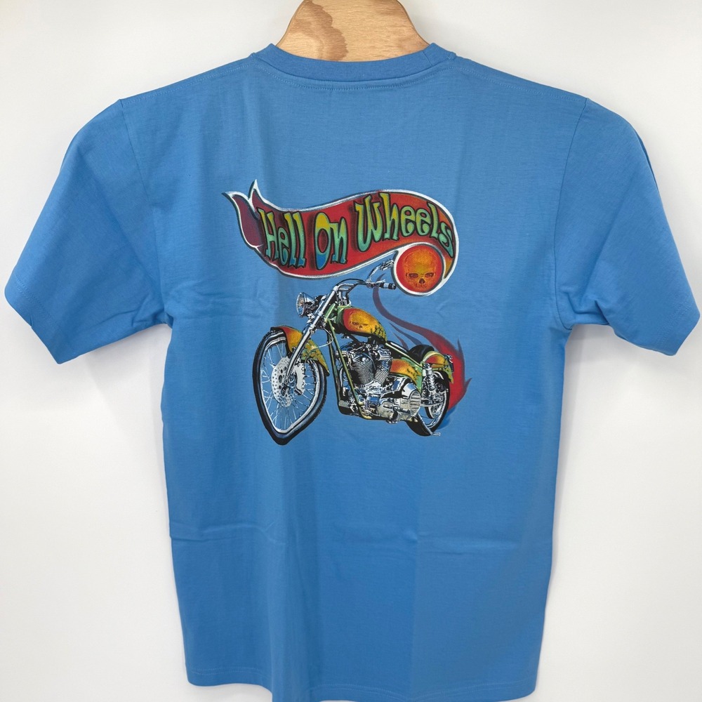 Hell On Wheels Motorcycle Graphic T-Shirt Mens Large Blue Biker Tee XNT
